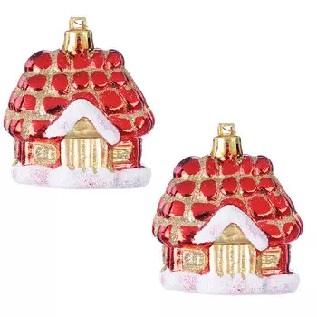 Елочные игрушки набор 2 шт Домик СНОУ БУМ, 5 см, пластик, красный, золото