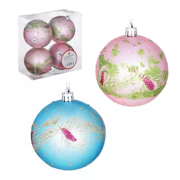 Елочные шары набор СНОУ БУМ 4 шт, 8 см, пластик, в коробке ПВХ, лиловый и бирюза, 2 дизайна