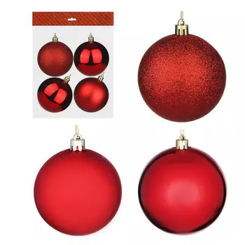 Елочные шары набор СНОУ БУМ 4 шт, 8см, пластик, в пакете, красный: глянец, матовый, глиттер