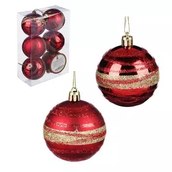 Елочные шары набор СНОУ БУМ 6 шт, 6 см, пластик, красный и золото, коробка ПВХ, 2 дизайна