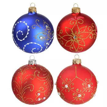 Елочный шар ручной работы СНОУ БУМ с орнаментом, 85 мм, стекло, 4 дизайна