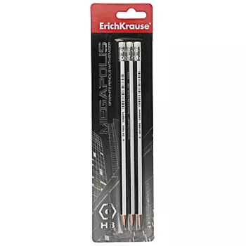 Erich Krause Карандаши чернографитные с ластиком, 3шт. "Мегаполис", 6-гран., дерево, блистер, 44490