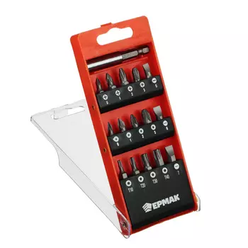 ЕРМАК Биты с держателем, 15 шт., в пластиковом кейсе, длина 25 мм, в наборе PH1, PZ, SL1, PH2, SL2