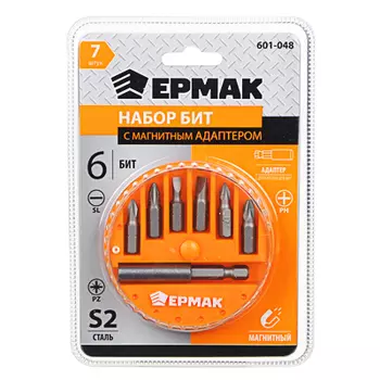 ЕРМАК Набор 7 пр. биты, магнитный адаптер для бит, пластиковый кейс