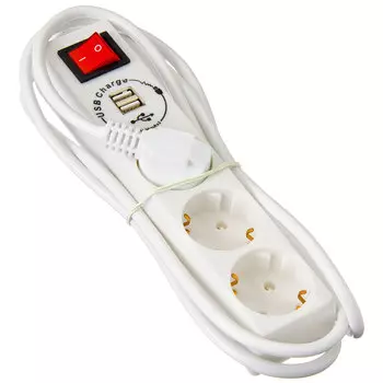 ЕРМАК Удлинитель 3 гнезда с зазем, выкл-ем, евро, 3х1,0 мм2, USB 1000mA, 2м