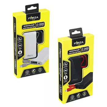 FORZA Аккумулятор мобильный, 3000 мАч, USB, 1А, встроенный кабель iP/Micro USB, 2 цвета