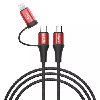 FORZA Кабель для зарядки 2 в 1, Type-C - Type-C (65W)/iP (PD, 18W), 1м, Быстрая зарядка, 3 цвета