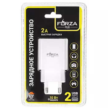 FORZA Сетевое зарядное устройство Стандарт, 2xUSB, 2А, 5В, Белый