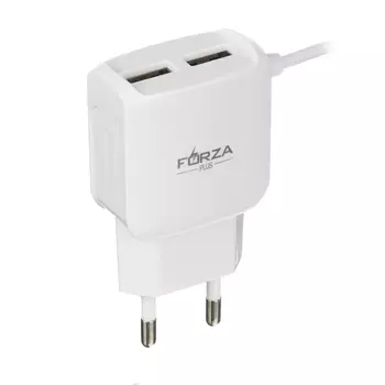 FORZA Сетевое зарядное устройство Старт, встроенный кабель, 2xUSB, 2А, 5В, Белый
