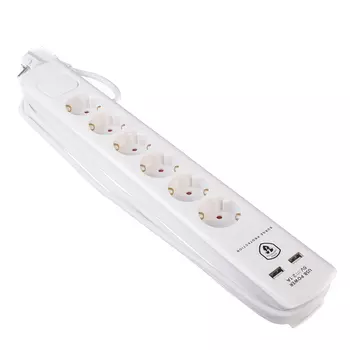 FORZA Сетевой фильтр 6гн, сеч.1кв.мм, 3м, евророзетка, шторки, 16А, 250В, 2USB, с предохранит, с защ