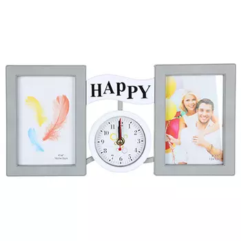 Фоторамка с часами на 2 фотографии, 1хАА, 36,5х18,5 см, пластик, 2 цвета, арт.А9