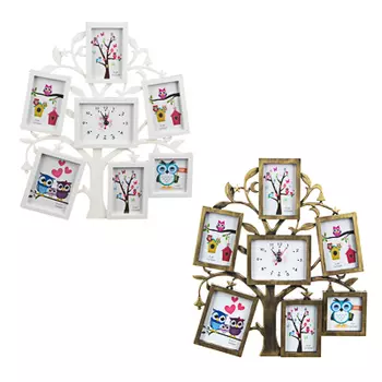 Фоторамка в форме дерева с часами на 6 фотографий, 1хАА, 32х36 см, пластик, 2 цвета, арт.А3