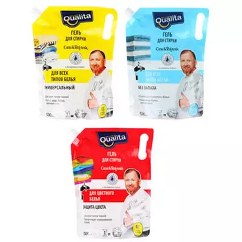 Гель для стирки QUALITA Универсальный c хлопком/Без запаха, дой-пак 1л