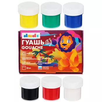 Гуашевые краски, 6 цветов, объем баночки, 10 мл