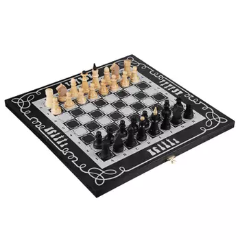 Игра 2 в 1 (шахматы, шашки) малая черная, рис. серебро с обиход. дер.фигурами орнамент, 40x20x4см