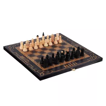Игра 2 в 1 (шахматы, шашки) малая черная, рис. золото с обиход. дер.фигурами орнамент, 40x20x4см