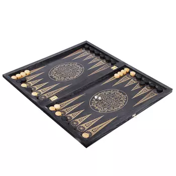 Игра 3 в 1 (нарды, шахматы, шашки) большая черная, рис. золото с дер.фигурами орнамент, 60x30x4см