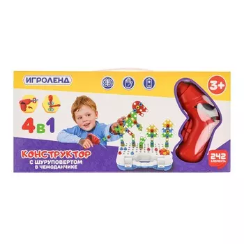 ИГРОЛЕНД Конструктор с шуруповертом в чемоданчике, 242 детали, 2АА, ABS, 36,7х16,5х8,2см