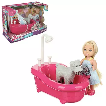ИГРОЛЕНД Кукла с питомцем (меняет цвет) в ванной, 5 пр., 11,5см, ABS, ПВХ, полиэстер, 22х16х9см