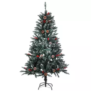 Ёлка напольная СНОУ БУМ "Заснеженная", с шишками и ягодами, 150см, 453 ветки, ПВХ, зеленая с белым