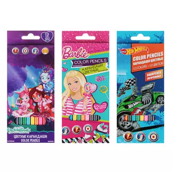 Карандаши 12 цветов "Хот вилс / Барби / Энчантималс", яркие цв.,пластик, к/к, HWCB/ BRCB/ ENGB-US1-P