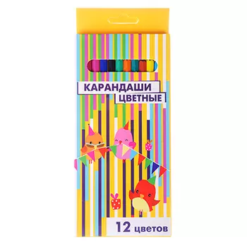 Карандаши 12 цветов шестигранныее, пластик под черное дерево