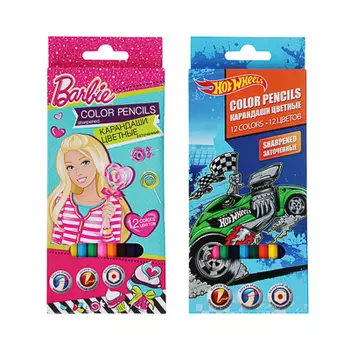 Карандаши цветные 12 цветов, дерево, 6-гранные, заточ., в к/к, "Хот вилс / Барби", 52-119788,-119517