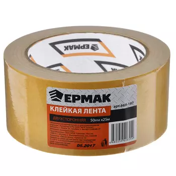 Клейкая лента двухсторонняя, полипропилен, 48 ммх25 м, инд.упаковка, ЕРМАК