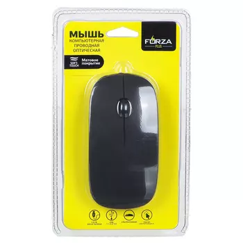 Компьютерная мышь проводная FORZA тонкая, провод 1,15 м, черный