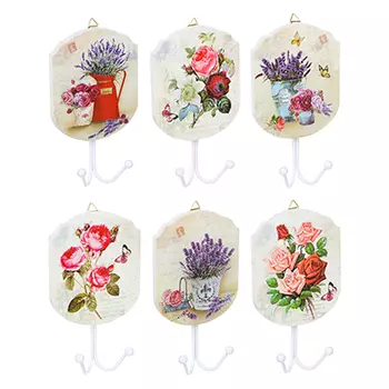 Крючок двойной с изображением цветов, МДФ, металл, 17х10см, 6 дизайнов