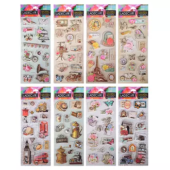 LADECOR Наклейка декоративная с фольгированным слоем, 3D, ретро стиль, 11х29 см, бумага, 8 дизайнов.