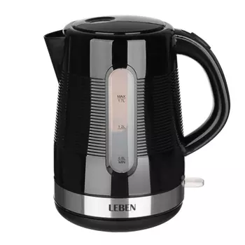 LEBEN Чайник электрический 1,7л, 1850Вт, скрытый нагр. элемент, рифлёный черный пластик. 291-021