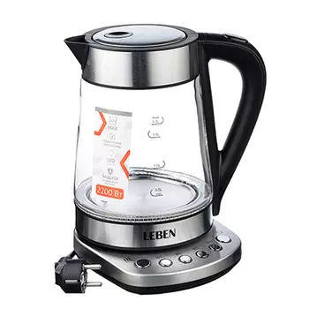 LEBEN Чайник электрический 1,7л, 2200Вт, поддерж. темп., подсветка, сталь/стекло 291-074