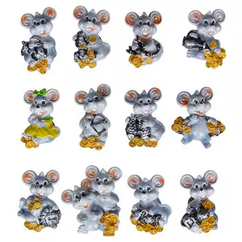 Магнит Мышка со знаками зодиака СНОУ БУМ Символ Года, 4х5 см, полистоун, 12 дизайнов