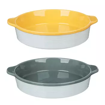 MILLIMI Форма для запекания и сервировки круглая с ручками, керамика, 29,5х25,5х6см, рельеф, 2 цвета