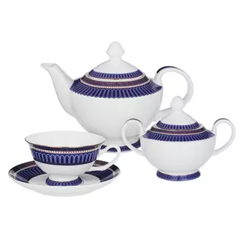 MILLIMI Синий Монфор Набор чайный 14пр, чашка 210 мл, чайник 1100 мл, сахарница 310 мл, кост. фрф
