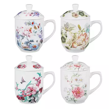 MILLIMI Волшебные цветы Кружка заварочная с метал. ситечком 360мл, кост.фрф, 4 дизайна, подар.упак.