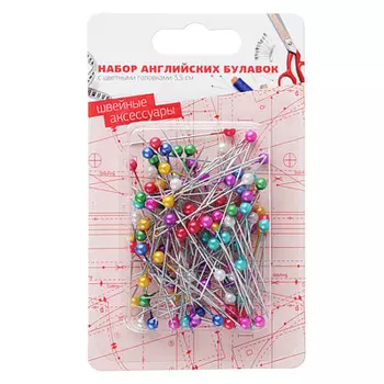 Набор булавок английских с цветными головками 100шт, на блистере, 3,5см, сталь, пластик, арт НС-026