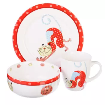 Набор детской посуды 3 предмета, костяной фарфор, MILLIMI "Веселый кот"