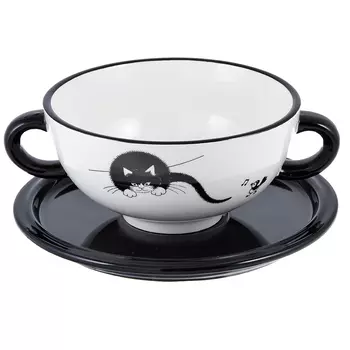 Набор для бульона, 600 мл, блюдце 18 см, керамика,MILLIMI "Черный кот"