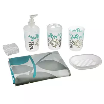 Набор для ванной: шторка ПЕВА 180х180см, 12 колец, 4 пластиковых предмета, листья