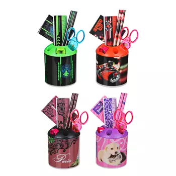 Набор канцелярский, 8 пр.: линейка,2 карандаша,точилка,ластик,ножницы,блокнот,в стакане,4 дизайна