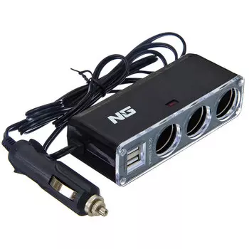 NEW GALAXY Разветвитель, штекер-шнур, 3 выхода + 2 USB 2100mA, 60W, LED индикация, 12/24В