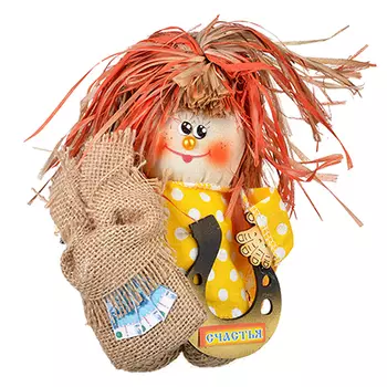 Оберег, Кузьма средний лыко с мешком и подковой, 15х17 см, мешковина джутовая,ткань х/б, двп КУСЛ-3