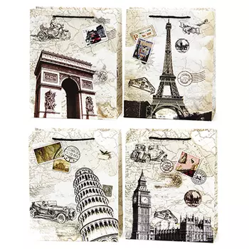 Пакет бумажный подарочный Города, 26х32х12см, 4 дизайна, высококачественная бумага, арт.2006