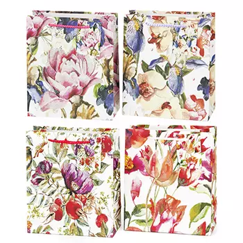 Пакет бумажный подарочный с цветочным узором, 18х21х8,5см, 4 дизайна, арт.2006