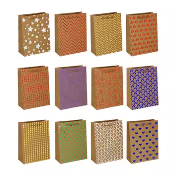 Пакет подарочный бумажный, крафт, 18х24х8,5 см, с блестящим слоем, 12 дизайнов