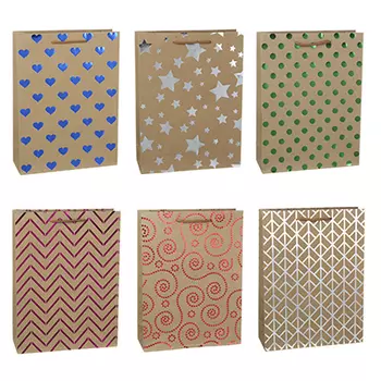 Пакет подарочный бумажный, крафт, 23,5х31,5х8,5 см, с блестящим слоем, 6 дизайнов