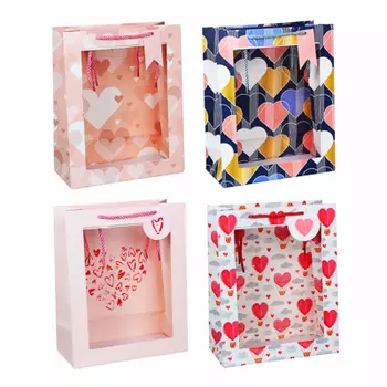 Пакет подарочный бумажный, с окном, высококачественная бумага, 26х32х12.5см, 4 дизайна