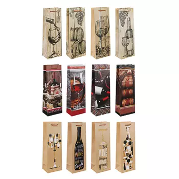 Пакет подарочный для бутылки, высококачественная бумага, 12х35х9см, 12 дизайнов